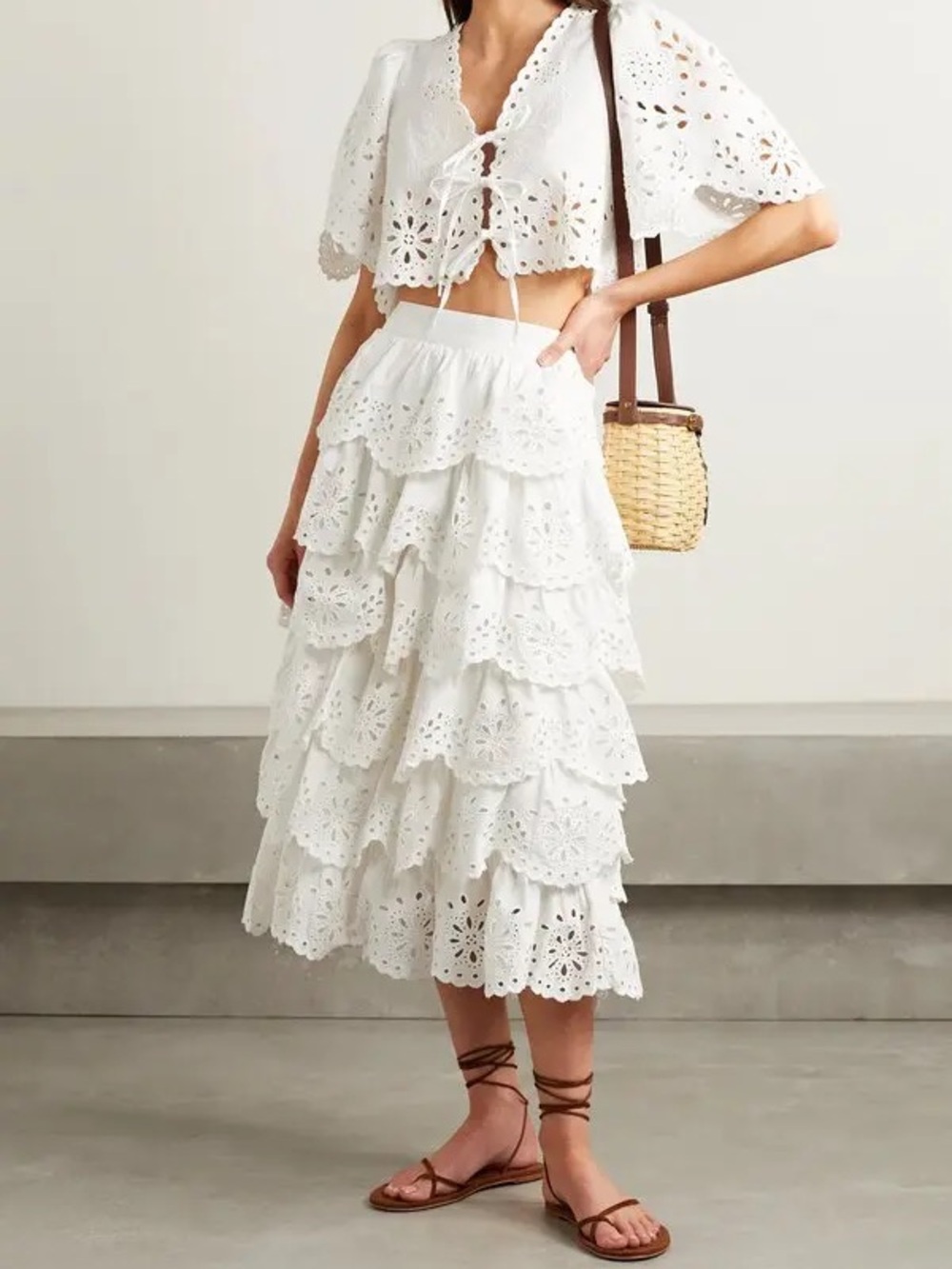 Sea New York White Eyelet Tiered Midi Skirt